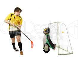 floorball player and goalkeeper on the white
