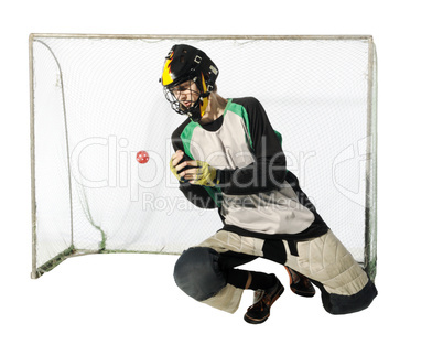 floorball goalkeeper on the white