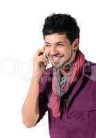 young man talking on the phone on the white