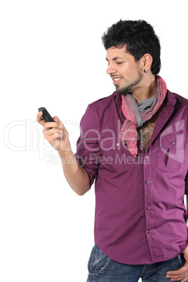 young man talking on the phone on the white