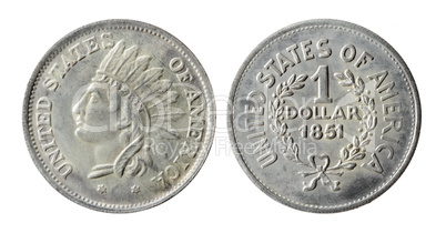 Old American coin on a white background (1851 year)