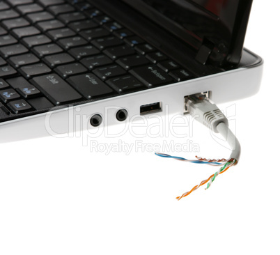 Laptop with a broken cable internet on the white background