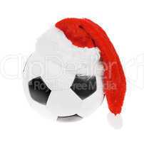Santa Claus hat on the soccer ball. (isolated)