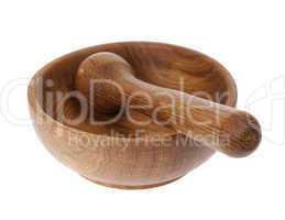 Wooden mortar on the white background