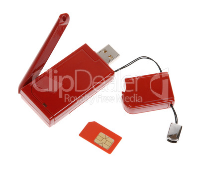 Red modem with USB cable on the white background
