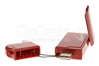Red modem with USB cable on the white