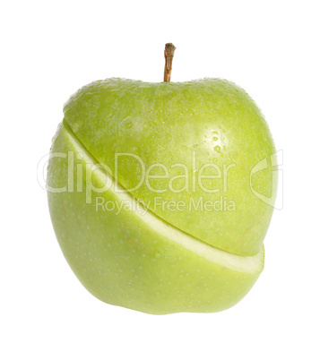 Slit green apple on the white background