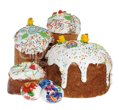 Russian Easter cake and colourful easter eggs isolated