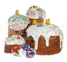Russian Easter cake and colourful easter eggs isolated
