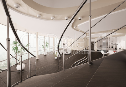 Modern interior view from staircase 3d render