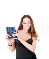 Pretty girl with book in rose glasses and closed eyes