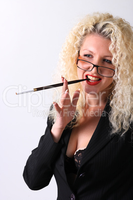Pretty woman with a mouthpiece. Curly blonde on the grey