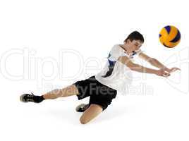 Volleyball player in high flying with a ball