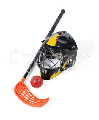 floorball stick, helmet and ball