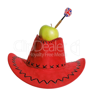 Green apple with a dart in a red hat on the white background