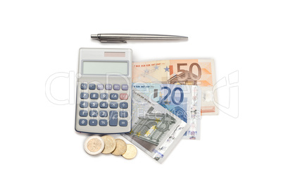 Coins and cash with pen and pocket calculator