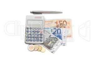 Coins and cash with pen and pocket calculator