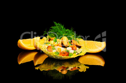 Salad of mussels with corn and peas