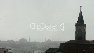 church view from istanbul historical peninsula during snow