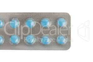 Close-up of a pack of blue pills