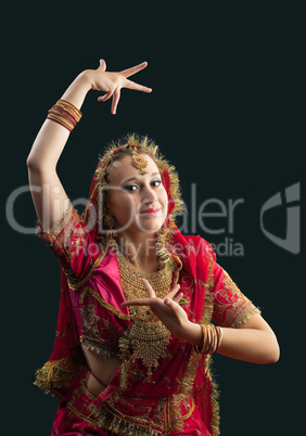 young woman in red rich oriental  indian costume