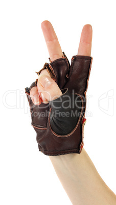 Gestures of hands, a hand is in a leather glove