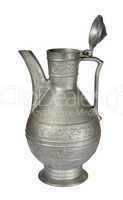 Old grey metallic jug on the white background