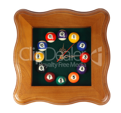 Wall clock, billiards on the white background