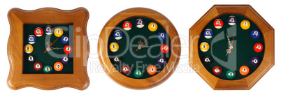 Wall clock, billiards on the white background