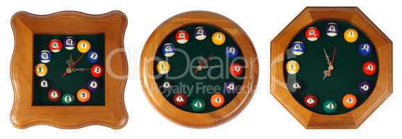 Wall clock, billiards on the white background