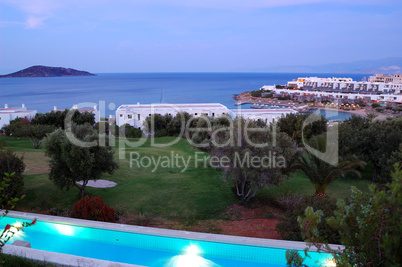 Sunset and beach at luxury hotel, Crete, Greece
