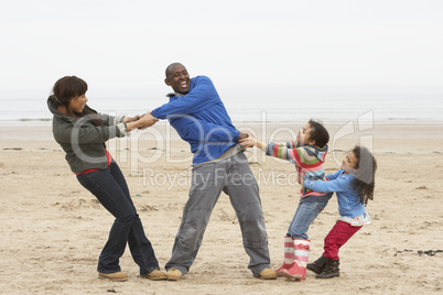 Family Having Fun On Winter Beach