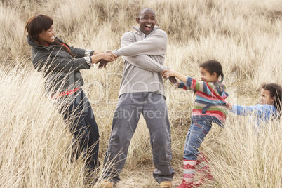 Family Having Fun In Sand Dunes