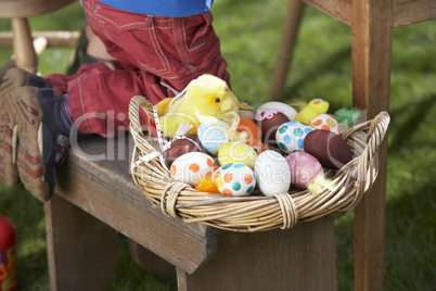 Basket Of Decorated Easter Eggs In basket