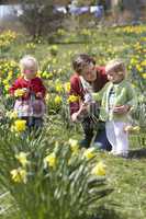 Mother And Children In Daffodil Field With Decorated Easter Eggs