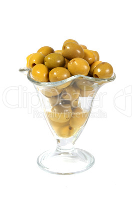 Green olives in a glass vase