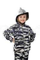 Little boy in the old fire helmet