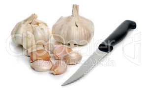 Two garlic and kitchen knife