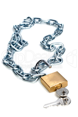 Open padlock and chain with keys