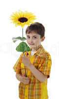 Portrem little boy with a yellow flower
