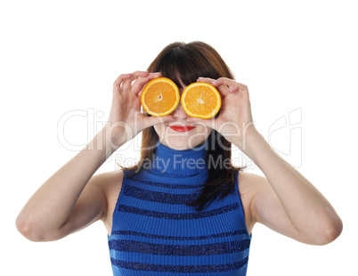 happy young woman orange isolated fruit food healthy