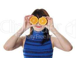 happy young woman orange isolated fruit food healthy