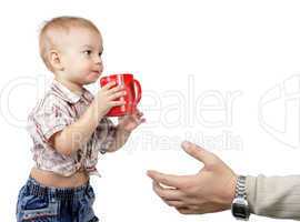 Dad takes a little son a red cup