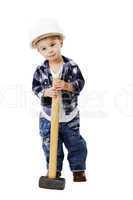 Little boy in a helmet with a sledge hammer