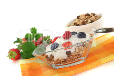 Müsli mit Joghurt, frischen Obst und Nüssen