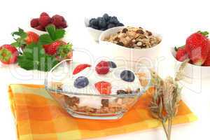Müsli mit Joghurt, frischen Obst und Nüssen