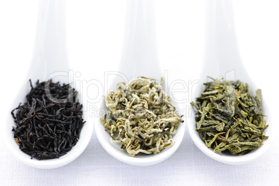 Assortment of dry tea leaves in spoons