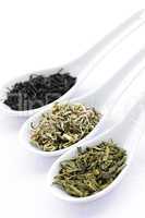 Assortment of dry tea leaves in spoons
