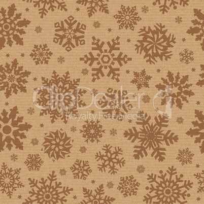 Seamless pattern with snowflake on packing cardboard background.