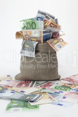 Geldsack mit Euro- Scheinen